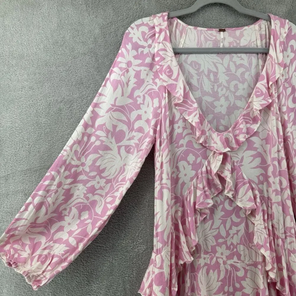 Free People Dress Womens XS Pink Rebecca Floral Ruffle Ballon Long Sleeve V-Neck